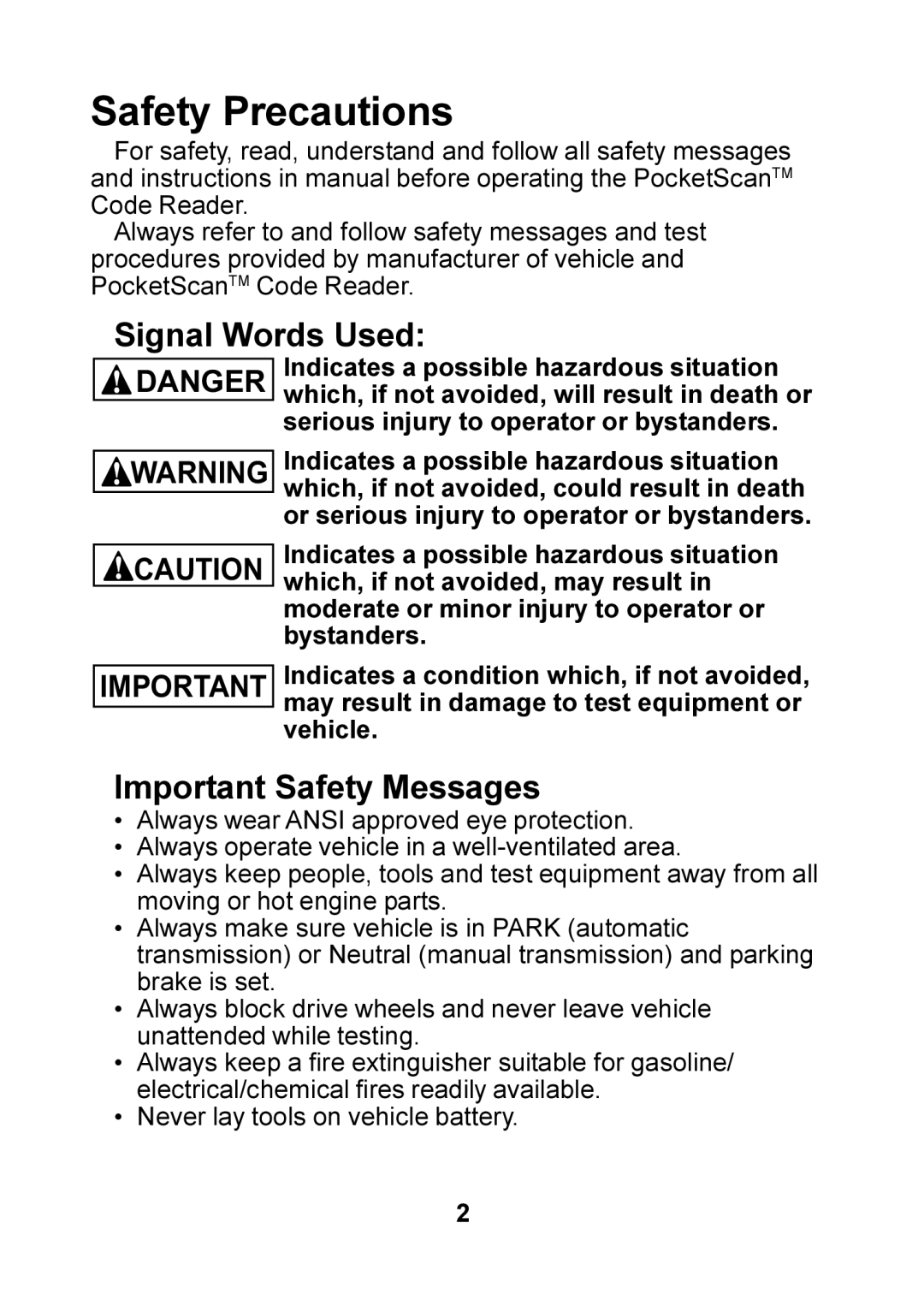 Actron CP9125 manual Safety Precautions 