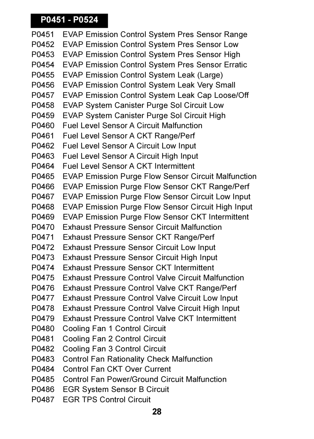 Actron CP9125 manual P0451 P0524 