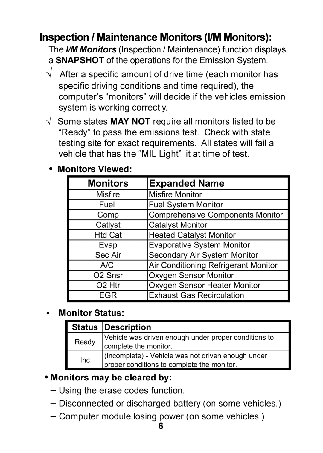 Actron CP9125 manual Inspection / Maintenance Monitors I/M Monitors 