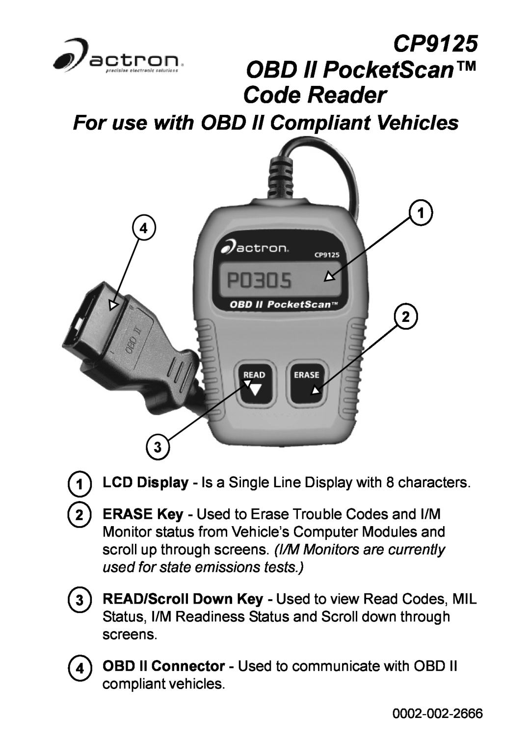 Actron manual CP9125 OBD II PocketScan Code Reader, For use with OBD II Compliant Vehicles 