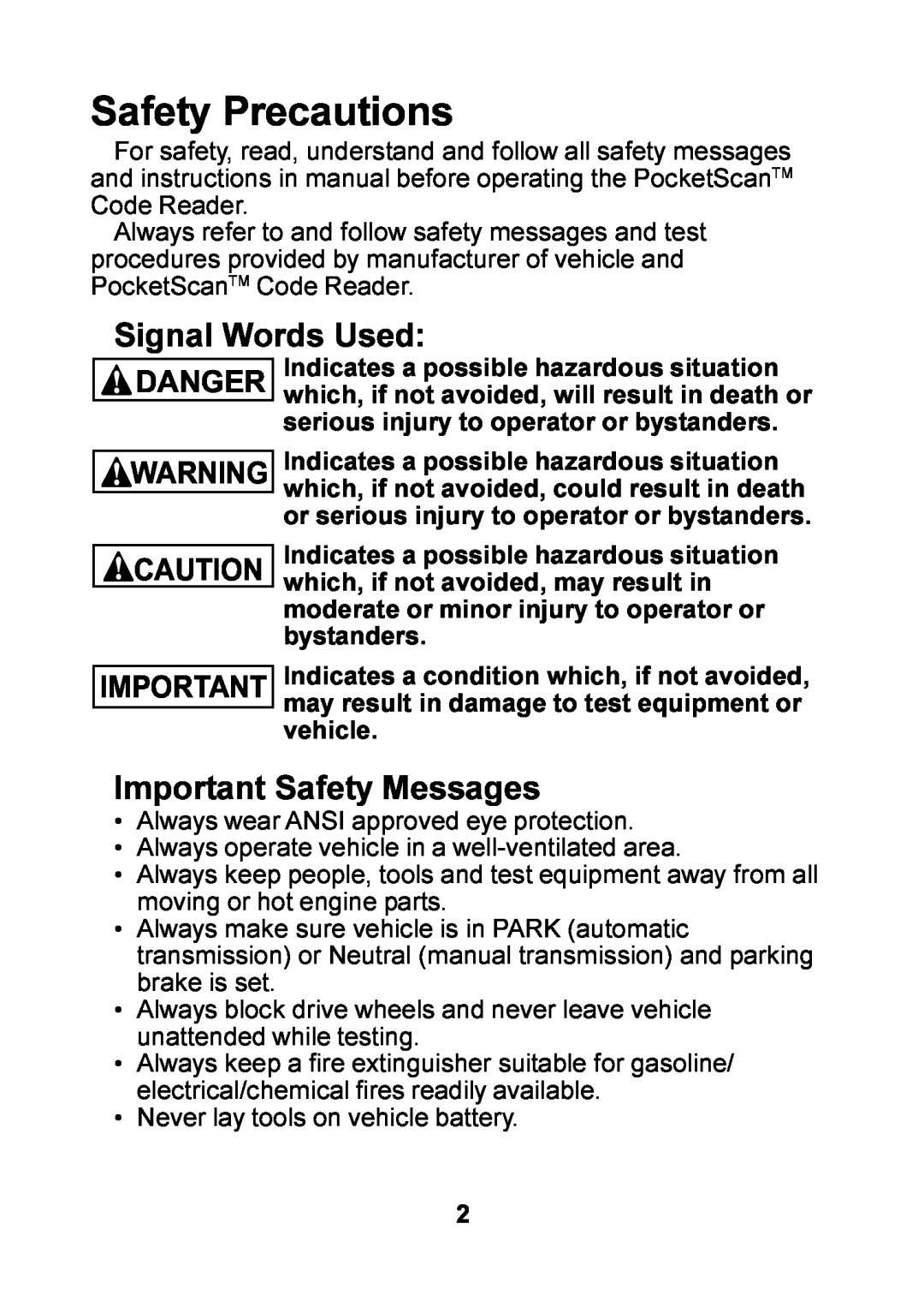 Actron CP9125 manual Safety Precautions, Signal Words Used, Important Safety Messages, Danger 