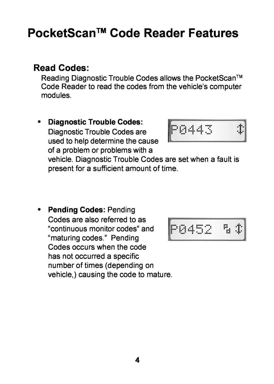 Actron CP9125 manual PocketScanTM Code Reader Features, P0443, Read Codes 