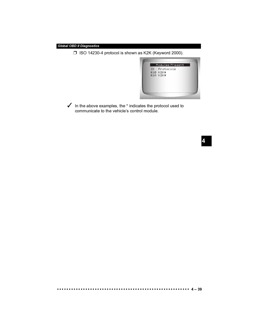 Actron CP9185 manual ISO 14230-4 protocol is shown as K2K Keyword 