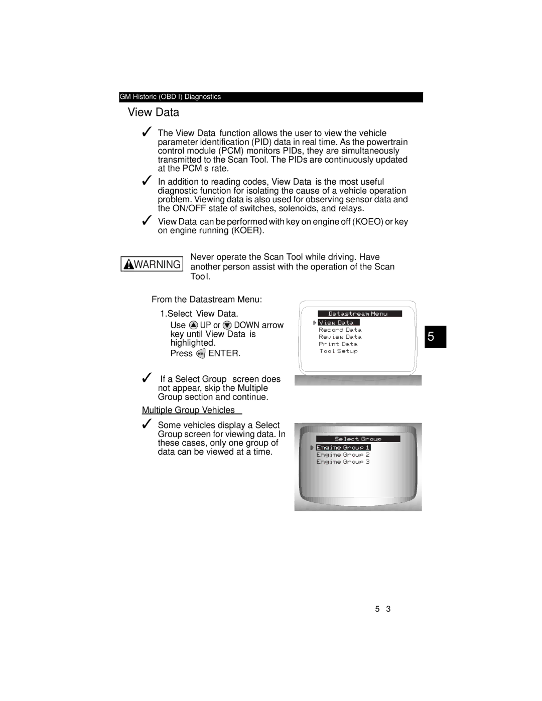 Actron CP9185 manual Never operate the Scan Tool while driving. Have, From the Datastream Menu 1.Select View Data 