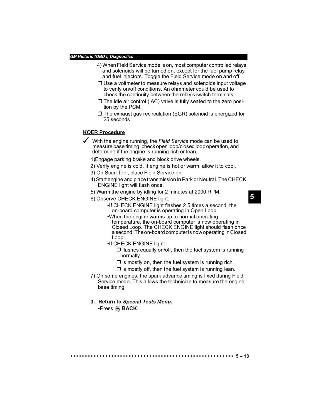 Actron CP9185 manual Koer Procedure, Return to Special Tests Menu. Press Back 