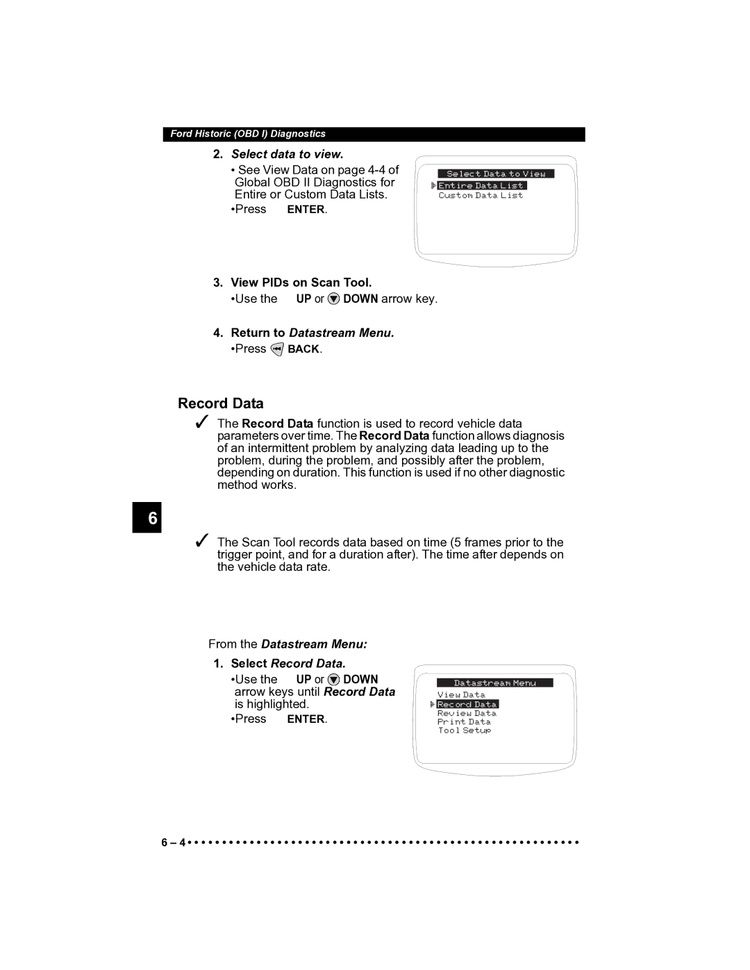 Actron CP9185 manual Record Data, Select data to view, Return to Datastream Menu. Press Back 