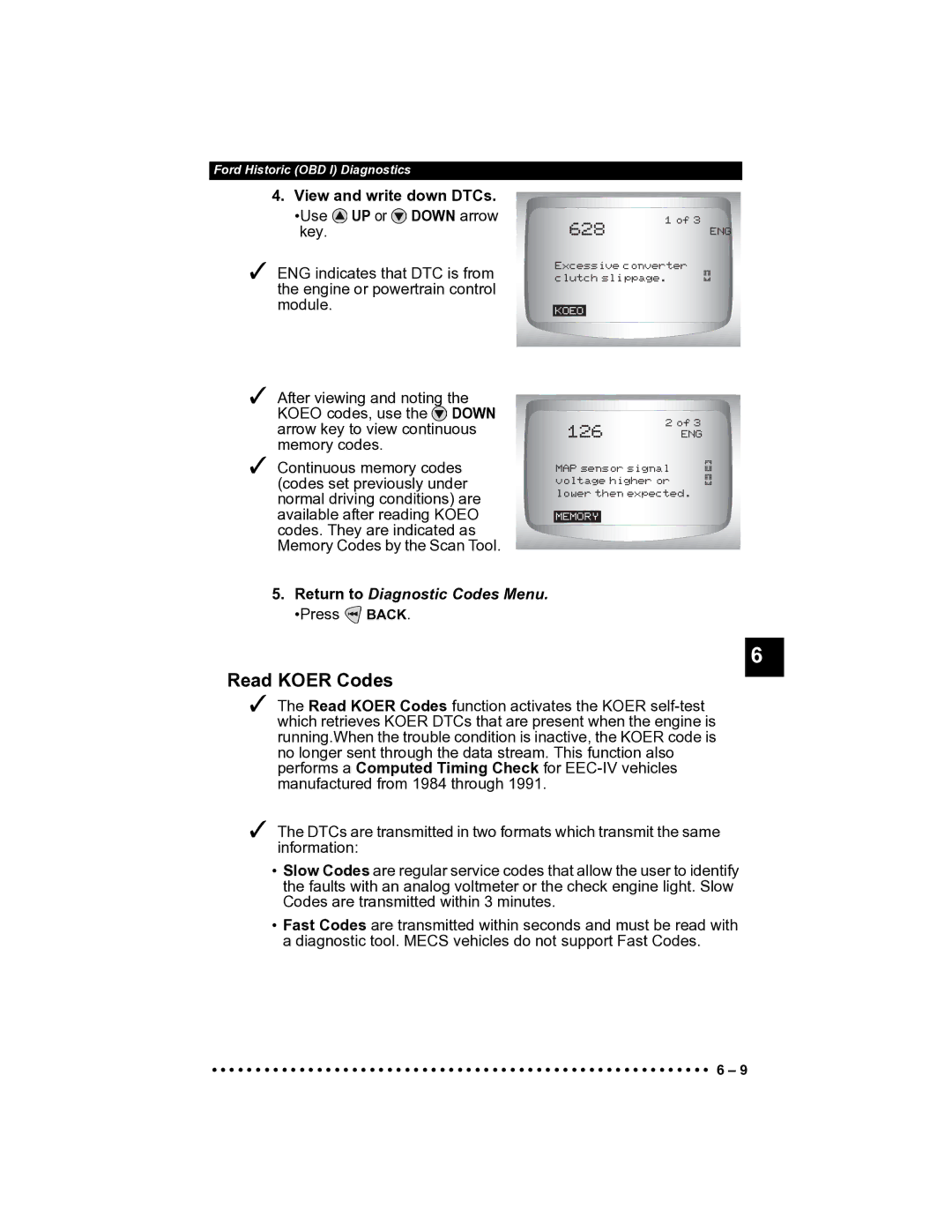 Actron CP9185 manual Read Koer Codes, View and write down DTCs 