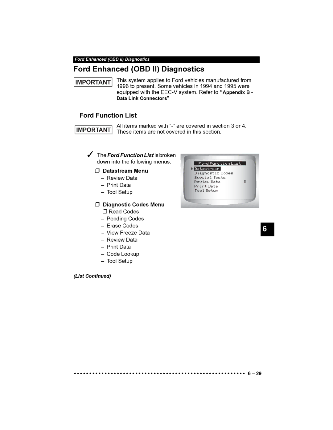 Actron CP9185 manual Ford Enhanced OBD II Diagnostics, Ford Function List is broken down into the following menus 