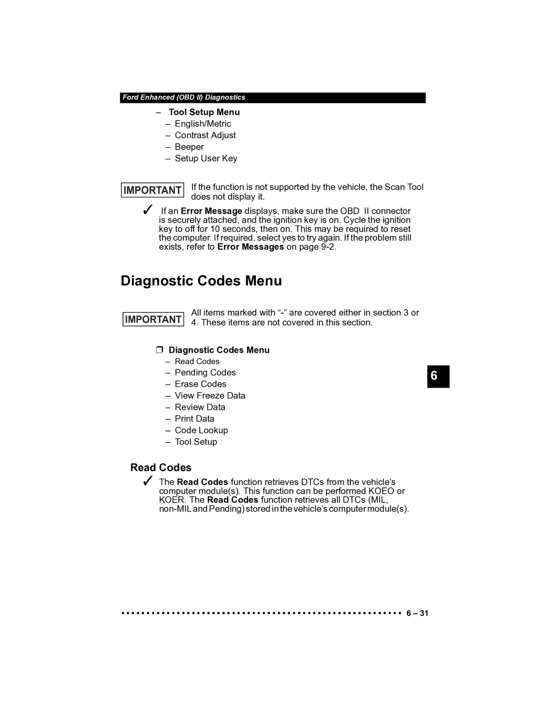 Actron CP9185 manual Read Codes, Tool Setup Menu 