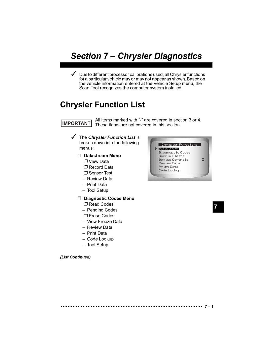 Actron CP9185 manual Chrysler Diagnostics, Chrysler Function List 