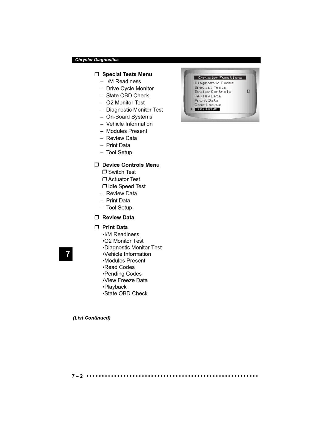 Actron CP9185 manual Special Tests Menu, Device Controls Menu 