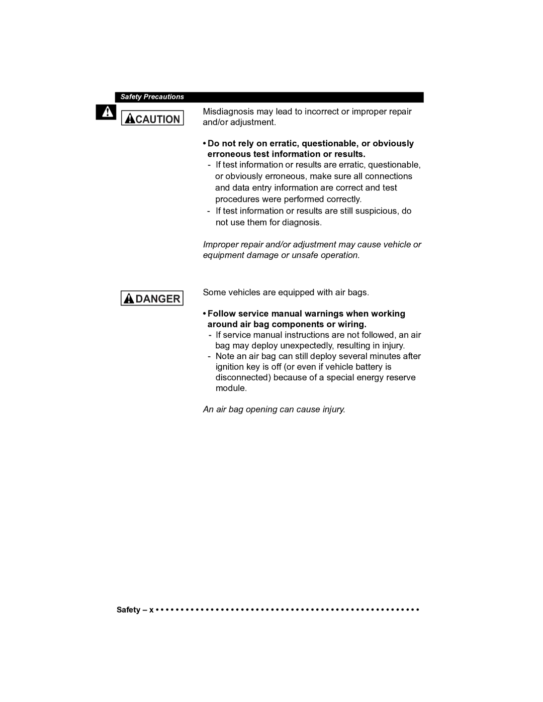 Actron CP9185 manual An air bag opening can cause injury 