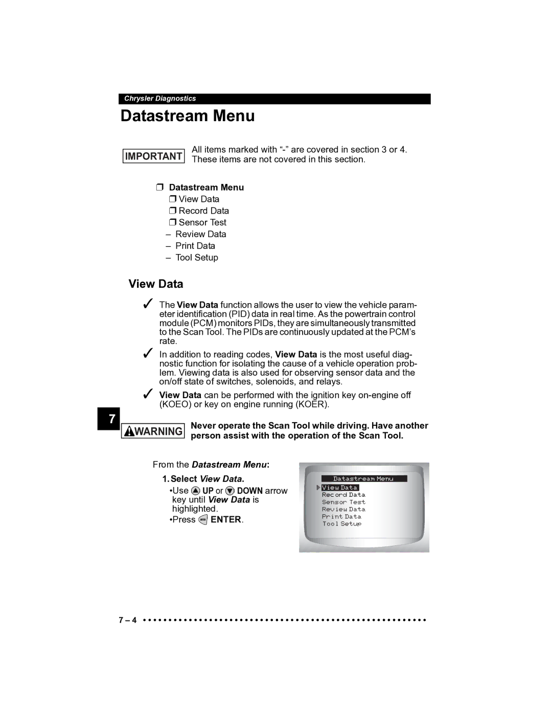 Actron CP9185 manual Datastream Menu 