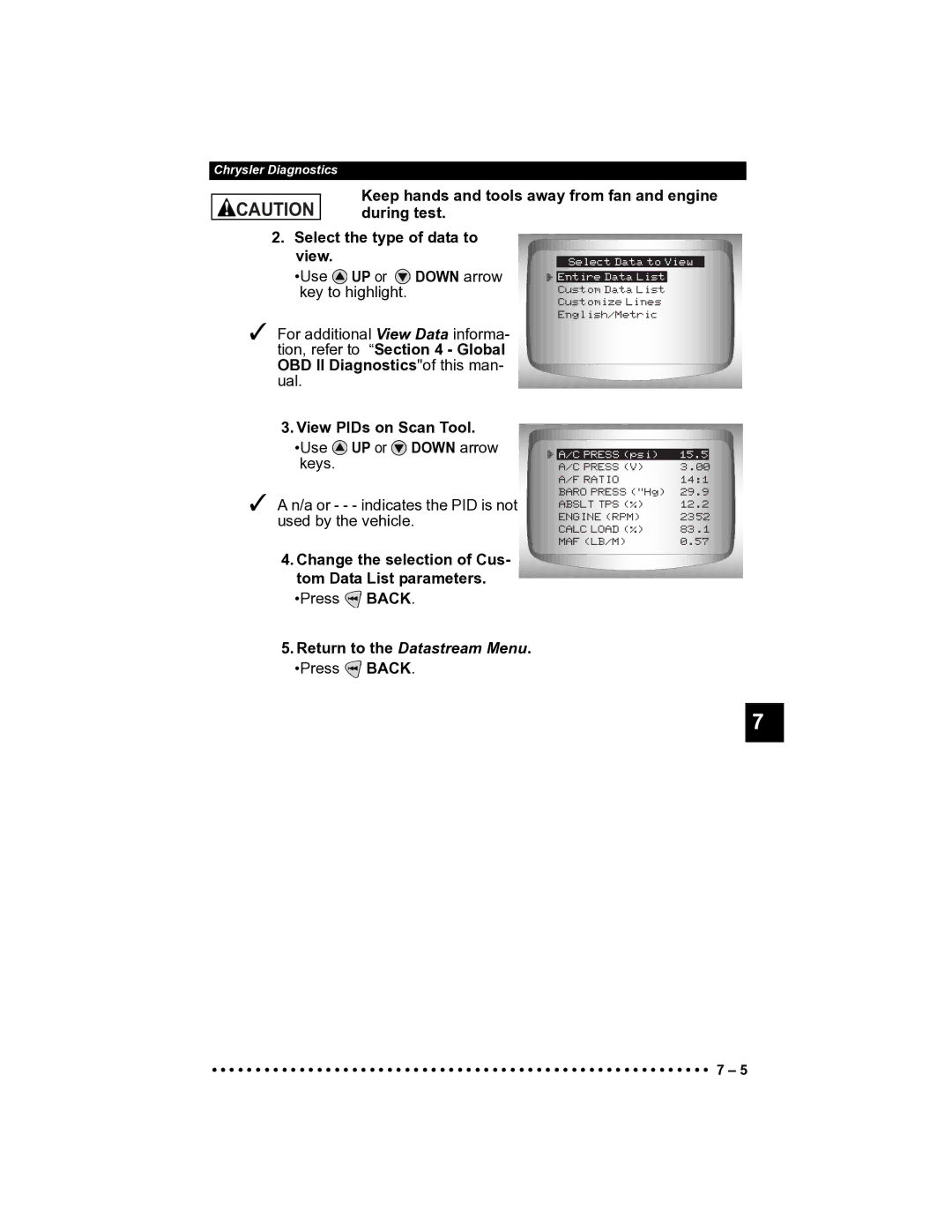 Actron CP9185 manual View PIDs on Scan Tool Use UP or Down arrow keys 