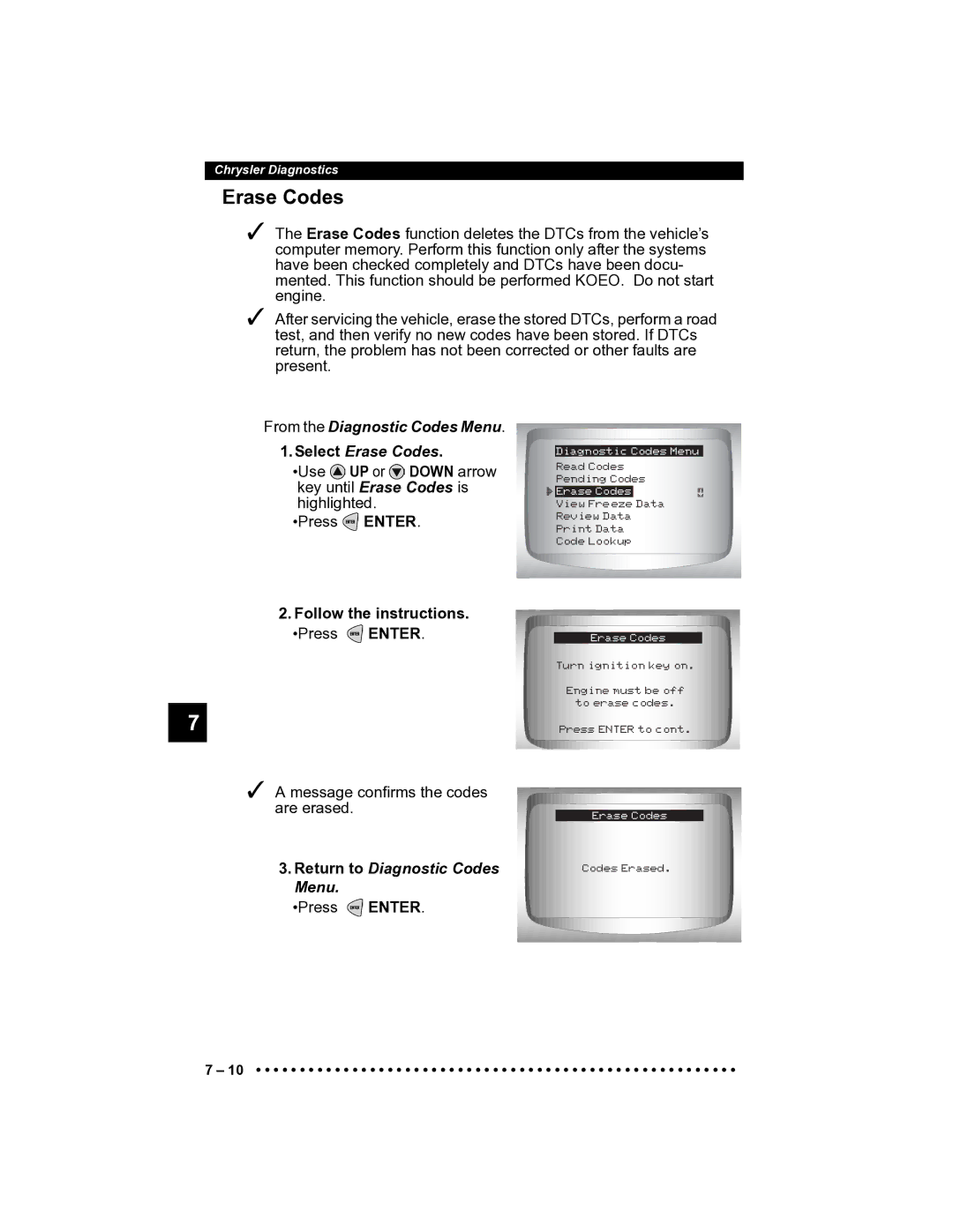 Actron CP9185 manual Erase Codes, Follow the instructions. Press Enter 