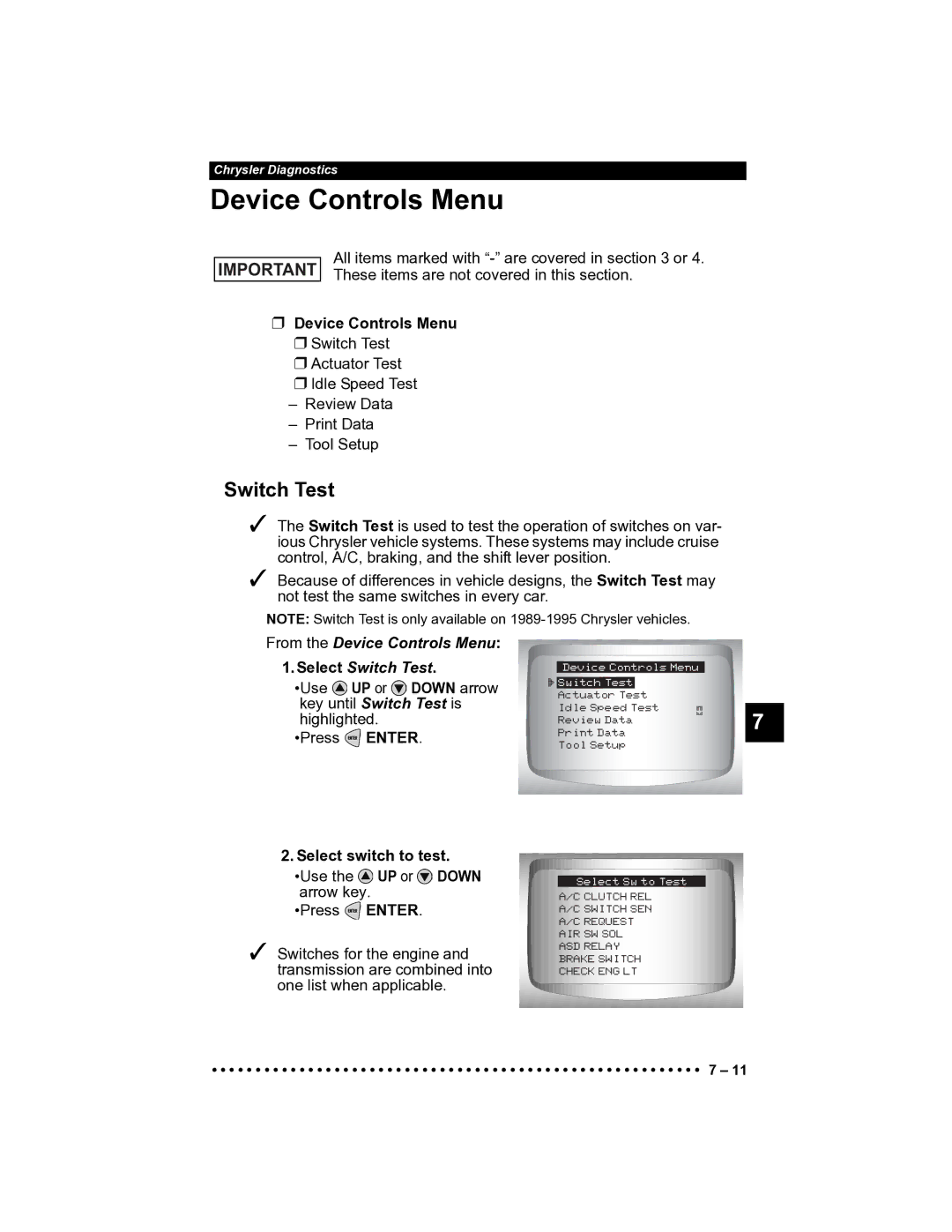 Actron CP9185 manual Device Controls Menu, Switch Test 