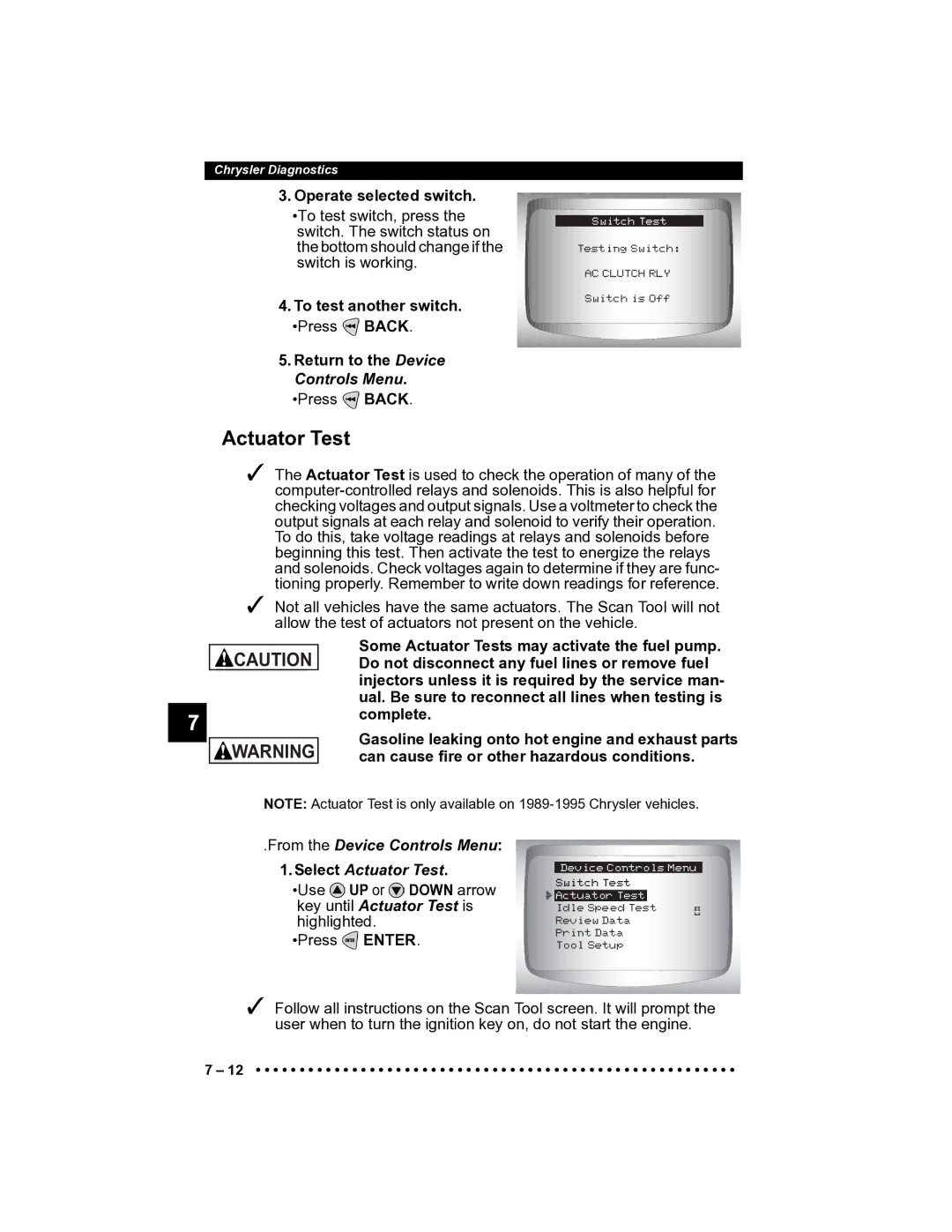 Actron CP9185 manual Operate selected switch, From the Device Controls Menu Select Actuator Test 