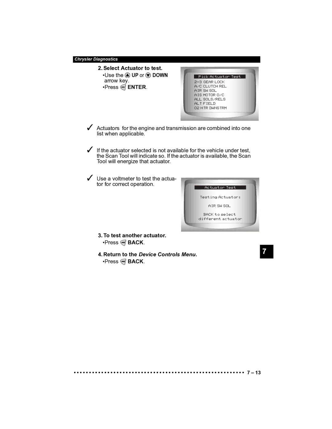 Actron CP9185 manual To test another actuator. Press Back, Return to the Device Controls Menu 