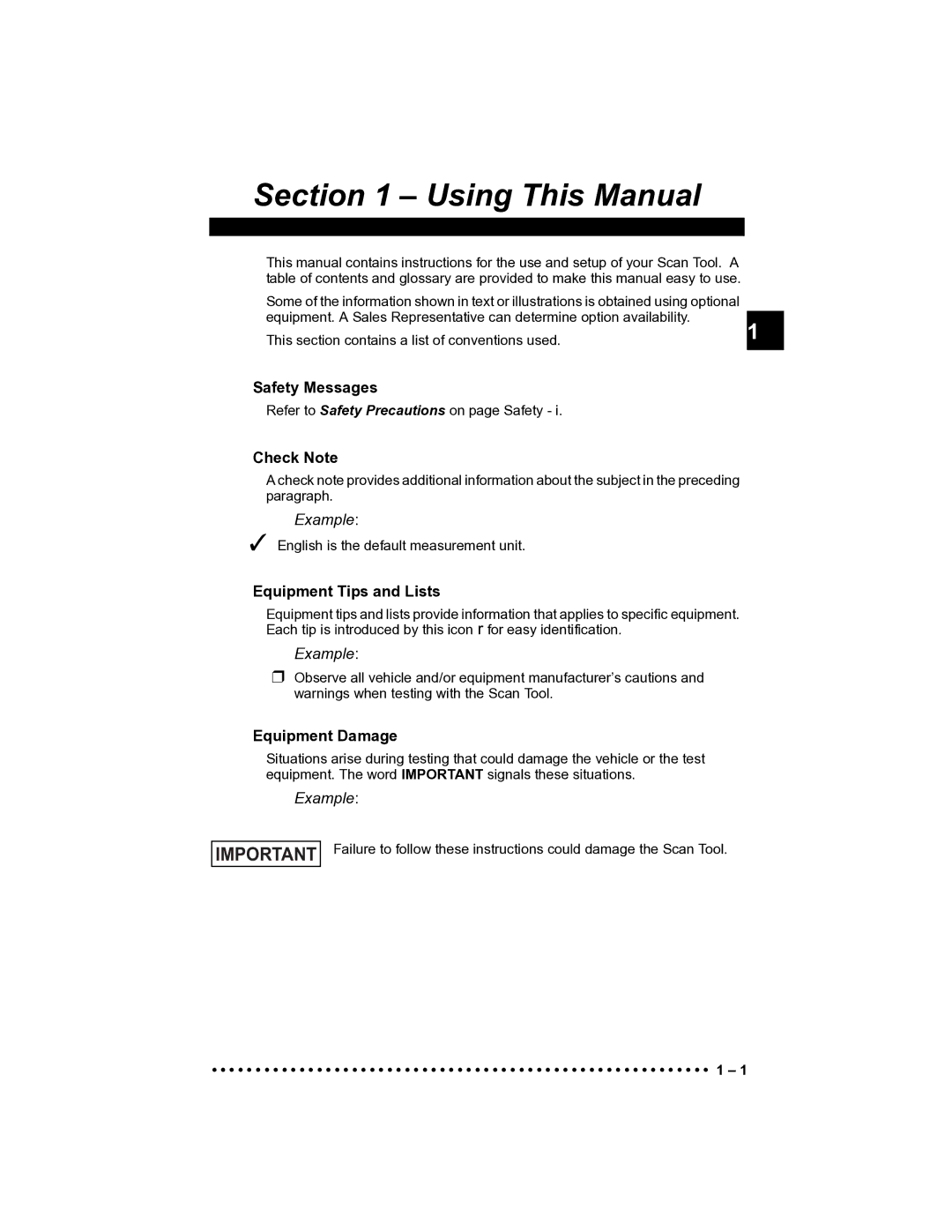 Actron CP9185 manual Safety Messages, Check Note, Equipment Tips and Lists, Equipment Damage 