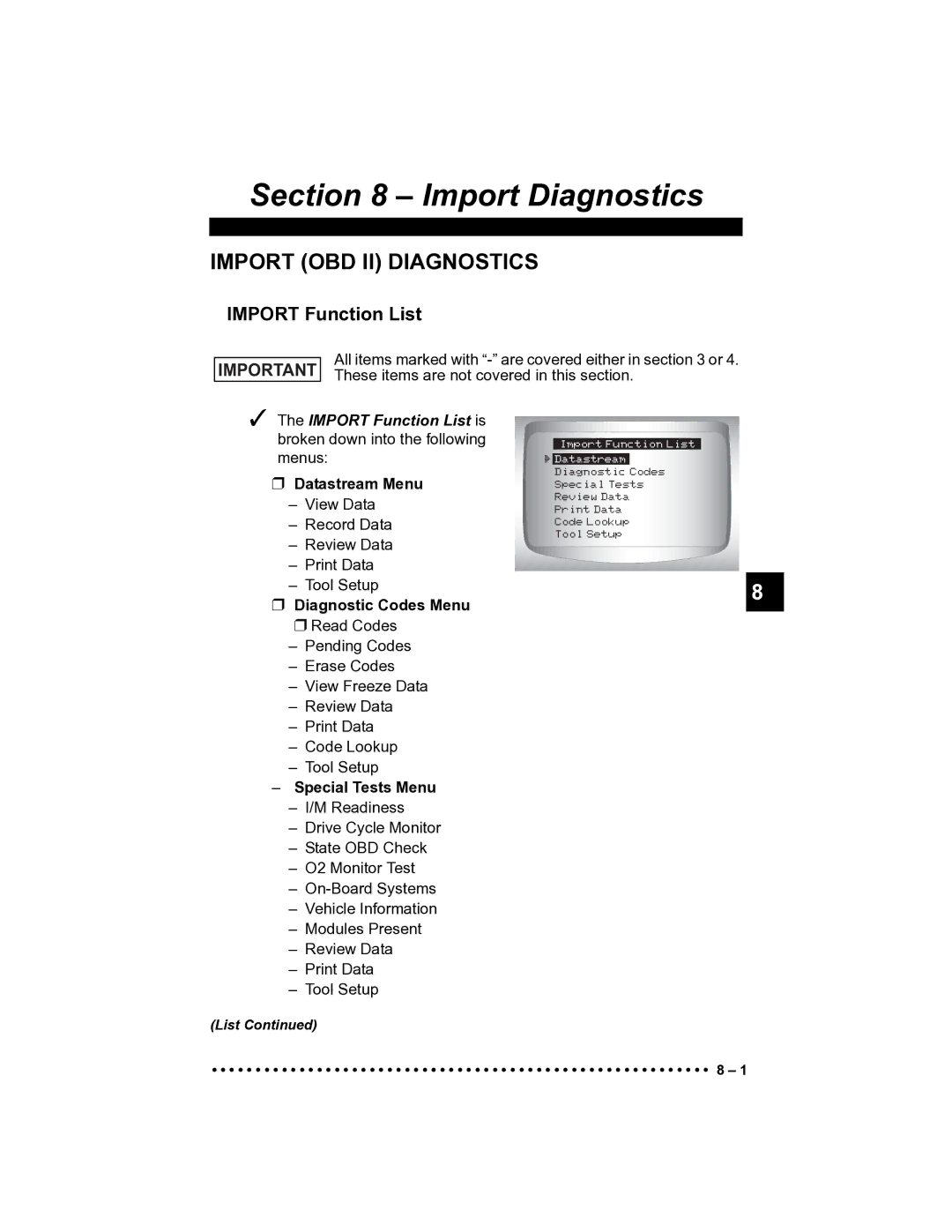 Actron CP9185 manual Import Function List is broken down into the following menus 