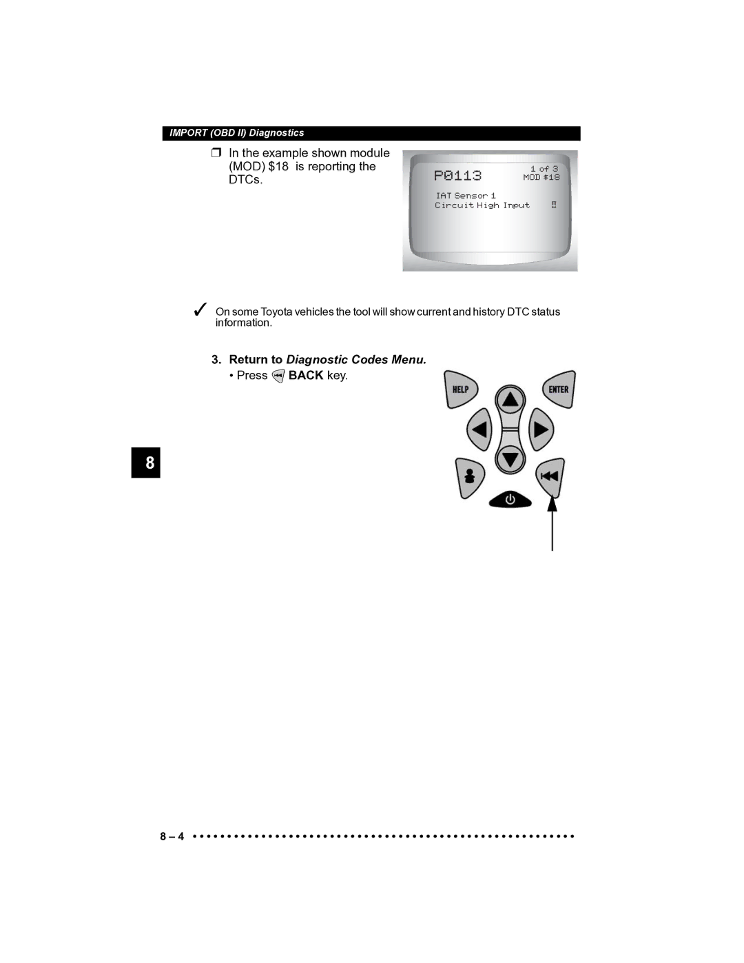 Actron CP9185 manual Press Back key 