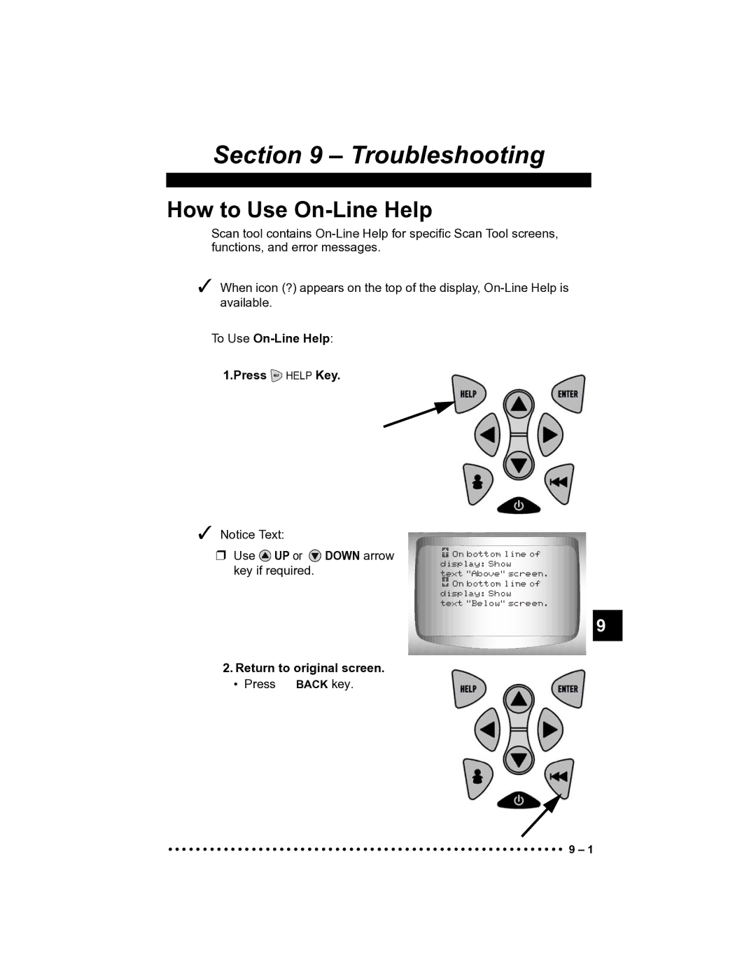 Actron CP9185 manual How to Use On-Line Help, To Use On-Line Help Press Help Key, Return to original screen 