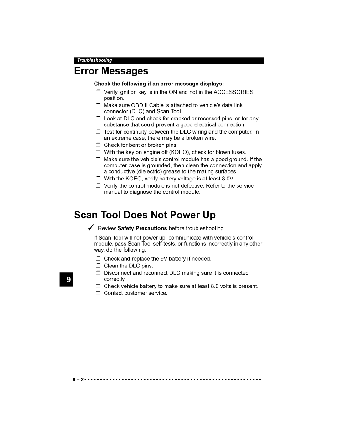 Actron CP9185 manual Error Messages, Scan Tool Does Not Power Up, Check the following if an error message displays 