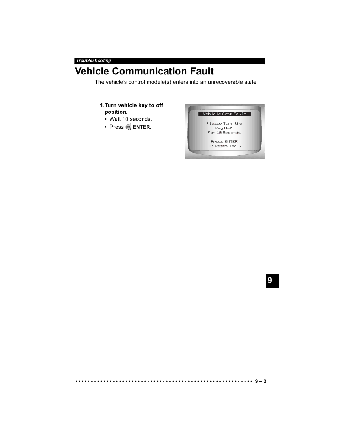 Actron CP9185 manual Vehicle Communication Fault, Turn vehicle key to off position 