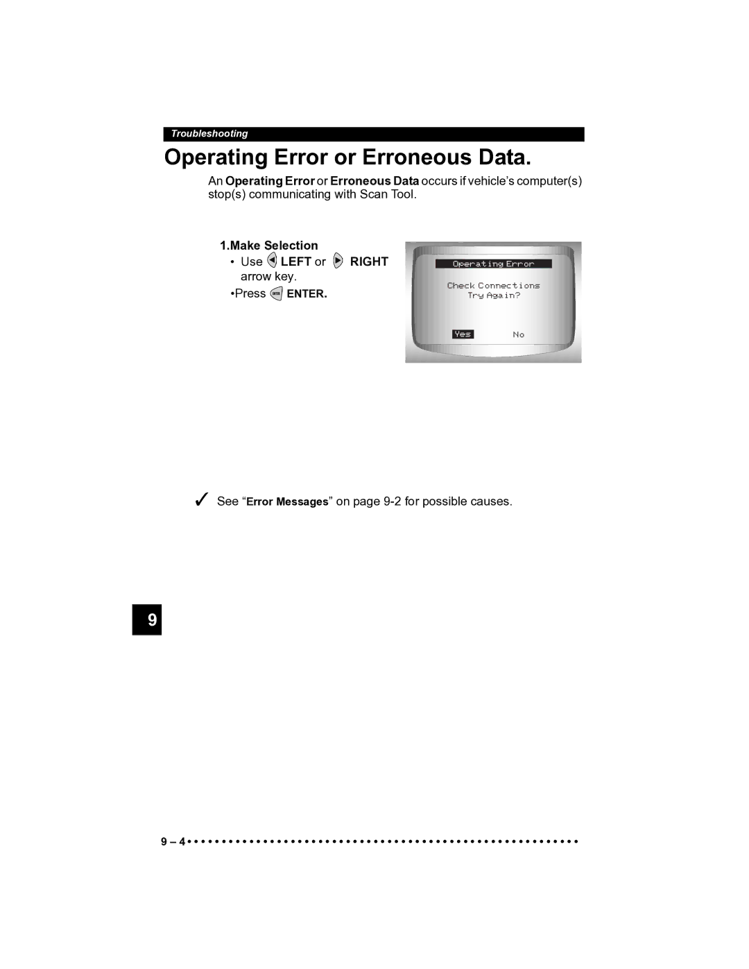 Actron CP9185 manual Operating Error or Erroneous Data 