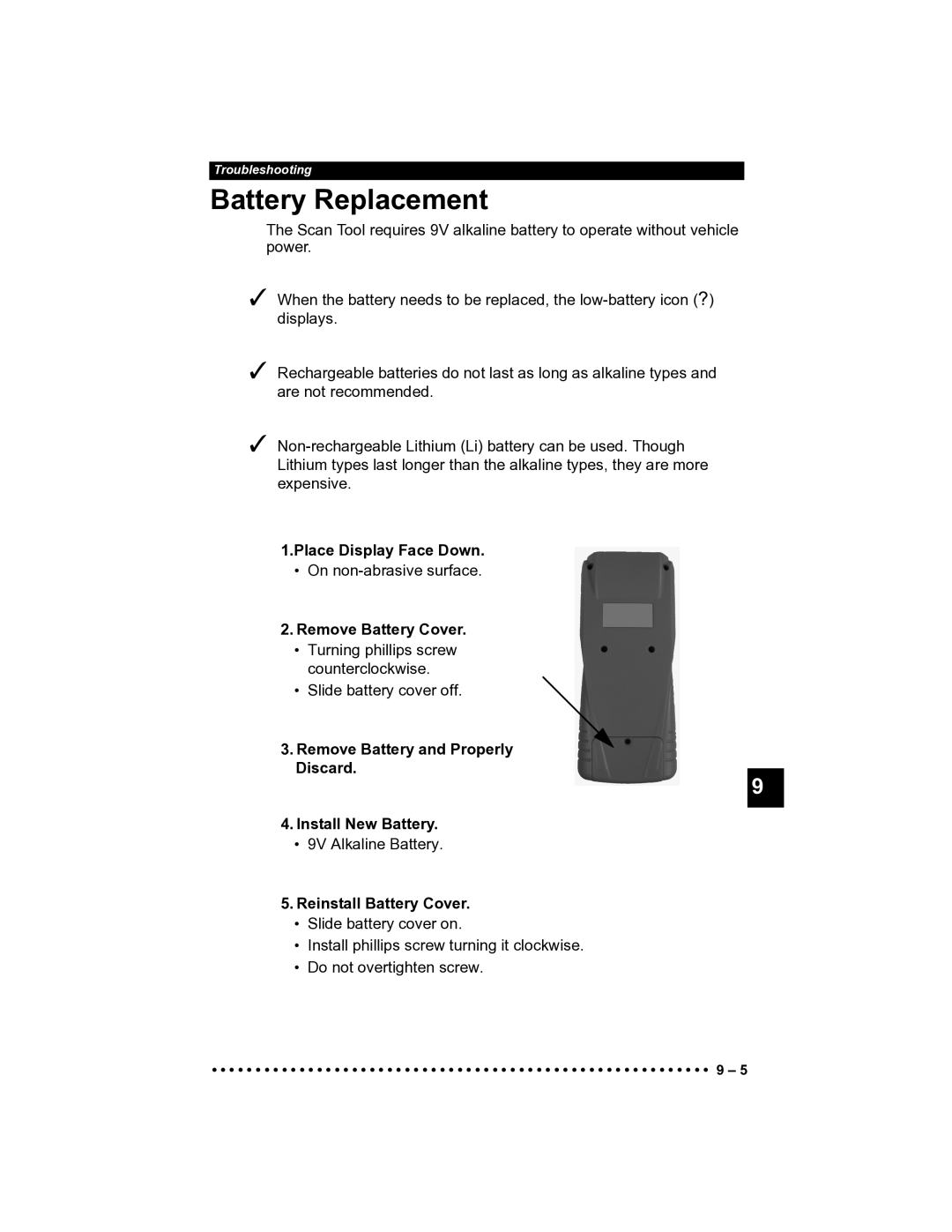 Actron CP9185 manual Battery Replacement, Place Display Face Down, Remove Battery Cover, Reinstall Battery Cover 