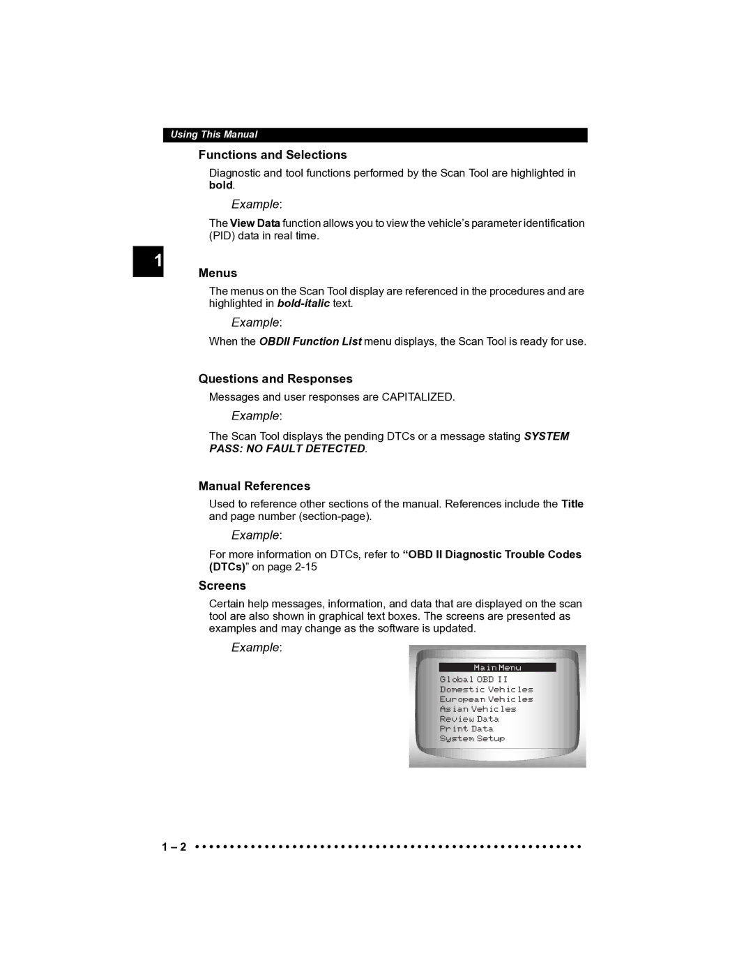 Actron CP9185 manual Functions and Selections, Menus, Questions and Responses, Manual References, Screens 