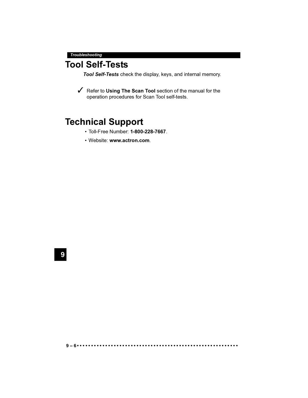 Actron CP9185 manual Tool Self-Tests, Technical Support 