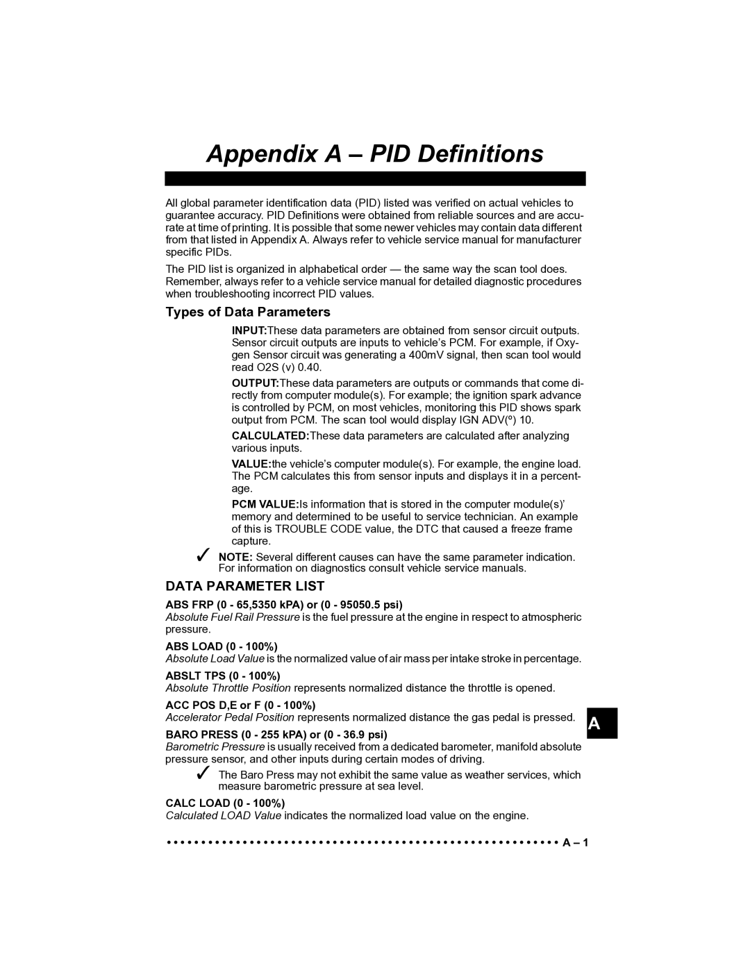 Actron CP9185 manual Appendix a PID Definitions 