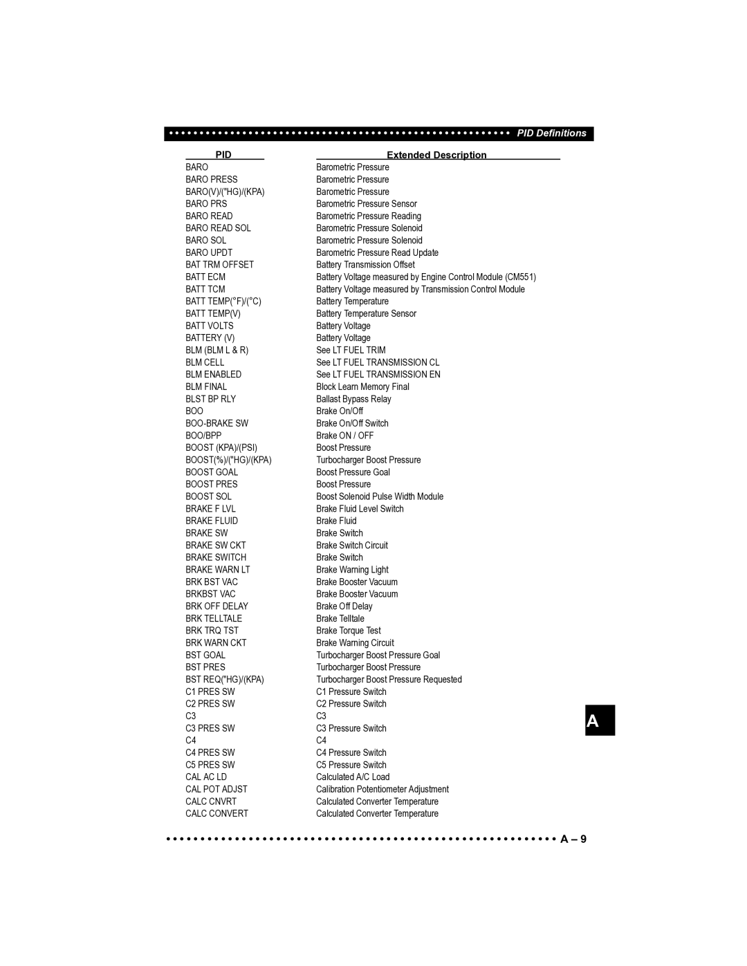 Actron CP9185 manual Baro 