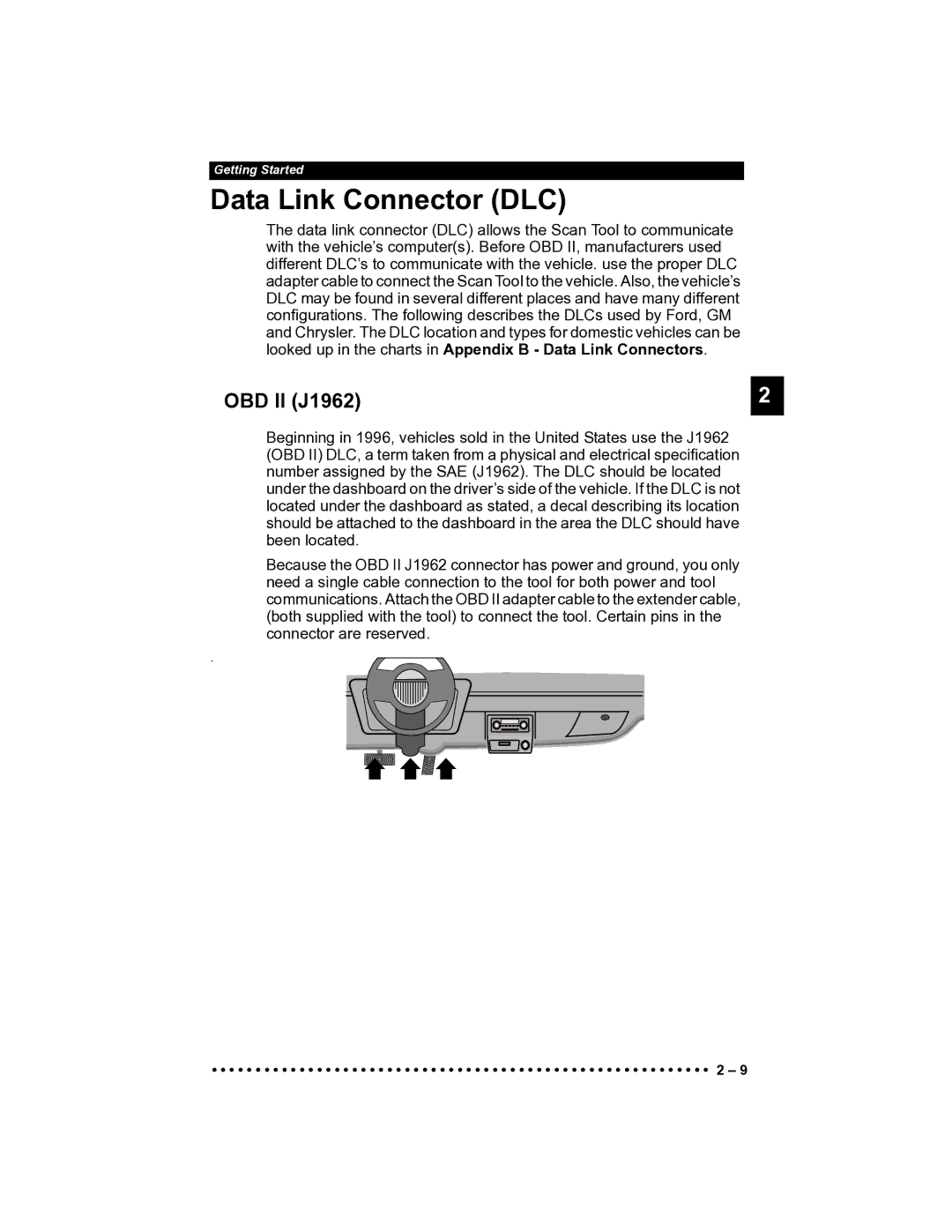 Actron CP9185 manual Data Link Connector DLC, OBD II J1962 
