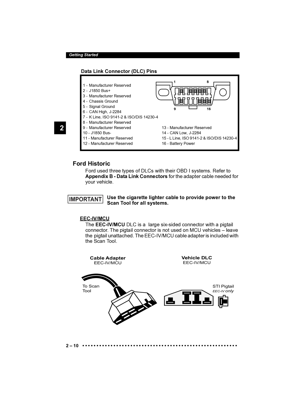 Actron CP9185 manual Ford Historic, Data Link Connector DLC Pins 