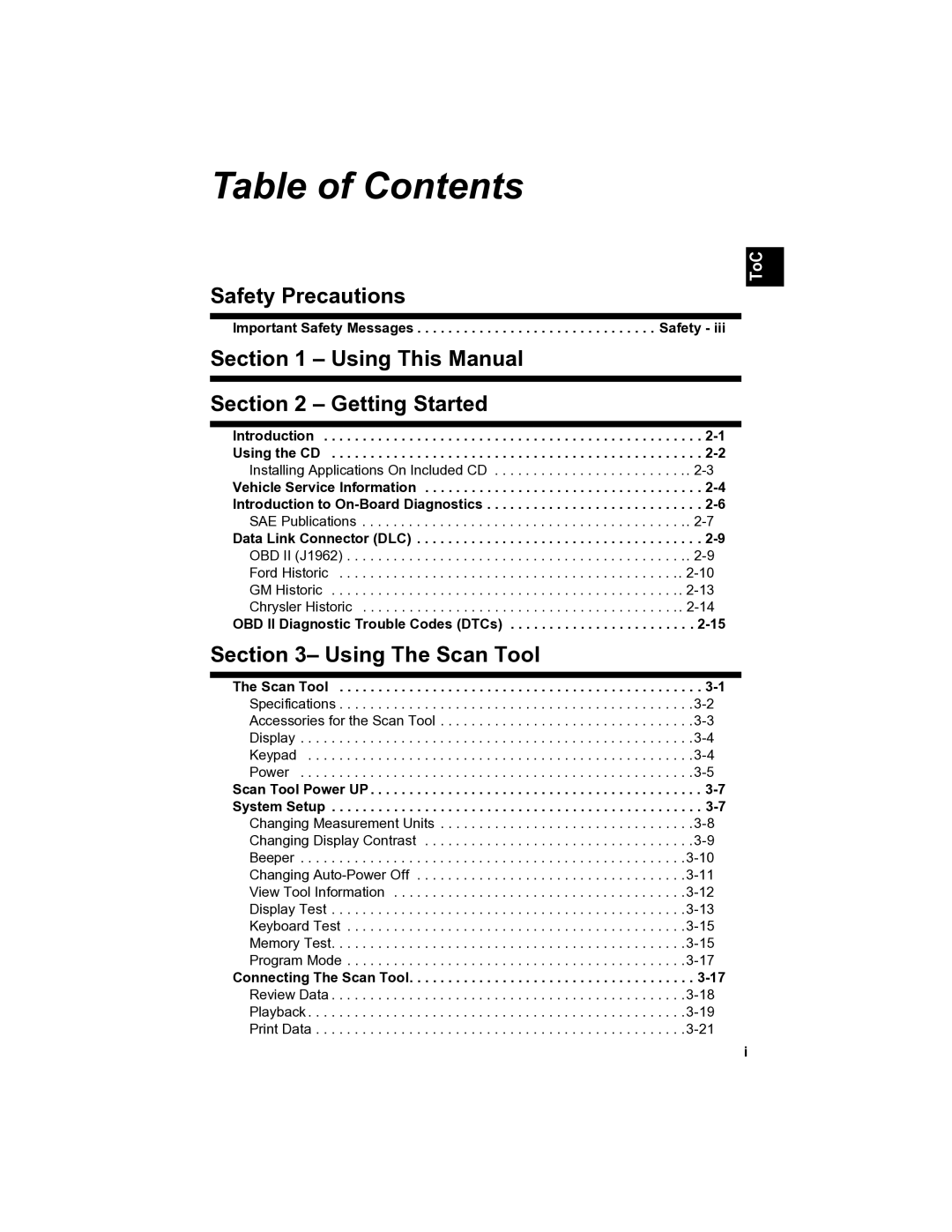 Actron CP9185 manual Table of Contents 