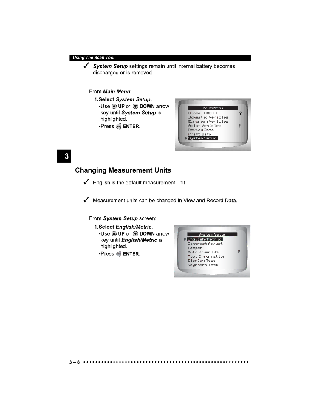 Actron CP9185 manual Changing Measurement Units, From Main Menu 1.Select System Setup 