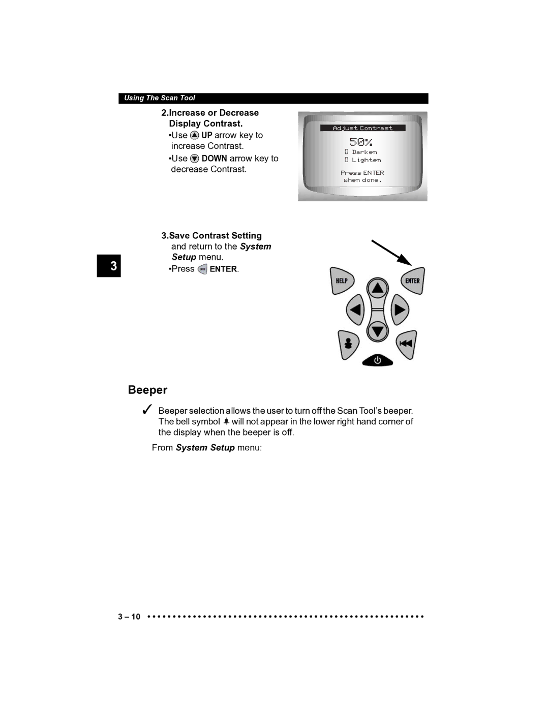 Actron CP9185 manual Beeper, Increase or Decrease Display Contrast, Save Contrast Setting, From System Setup menu 