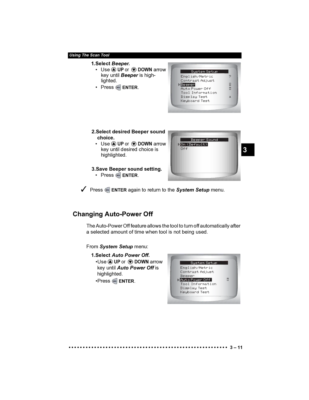 Actron CP9185 manual Changing Auto-Power Off, From System Setup menu Select Auto Power Off 