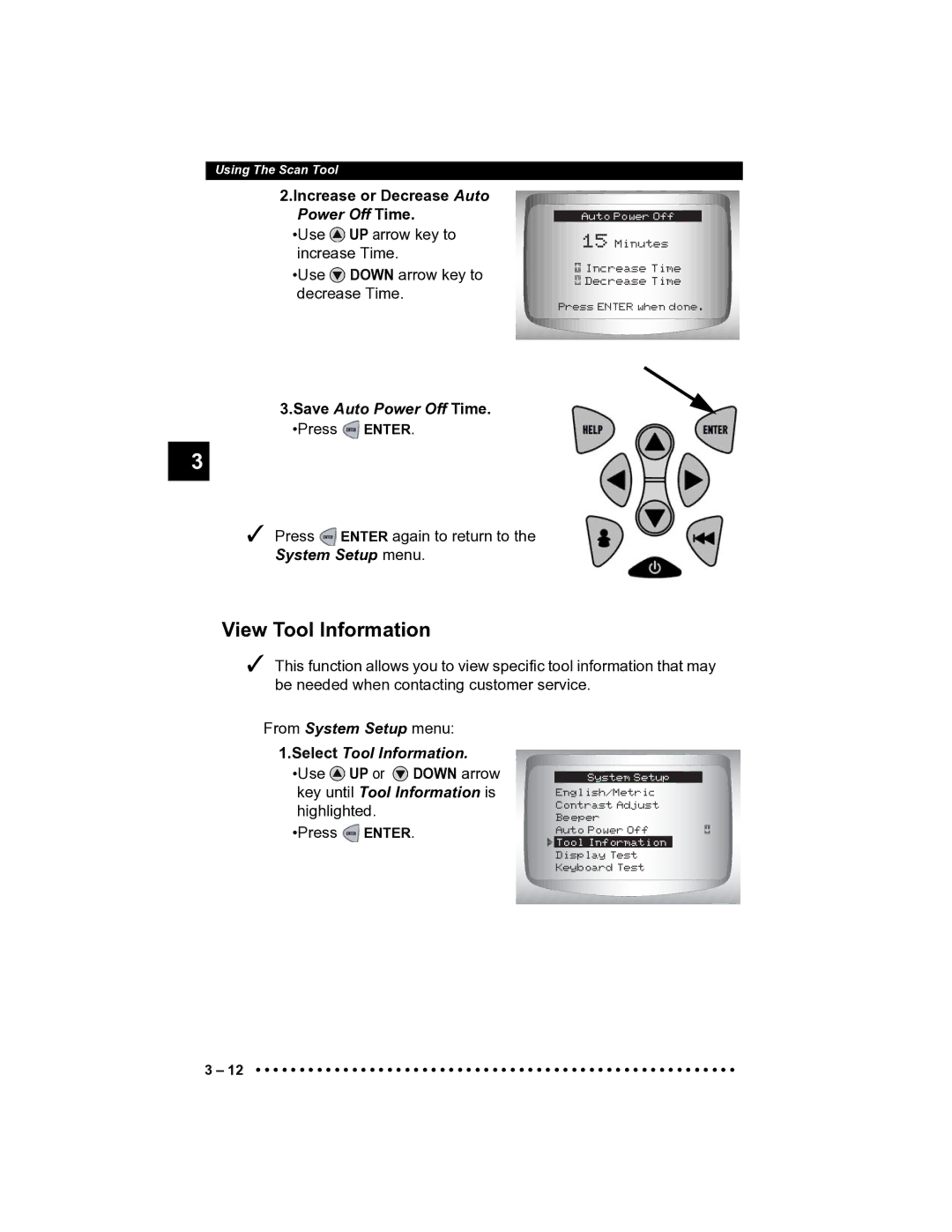 Actron CP9185 manual View Tool Information, Increase or Decrease Auto Power Off Time, Save Auto Power Off Time. Press Enter 