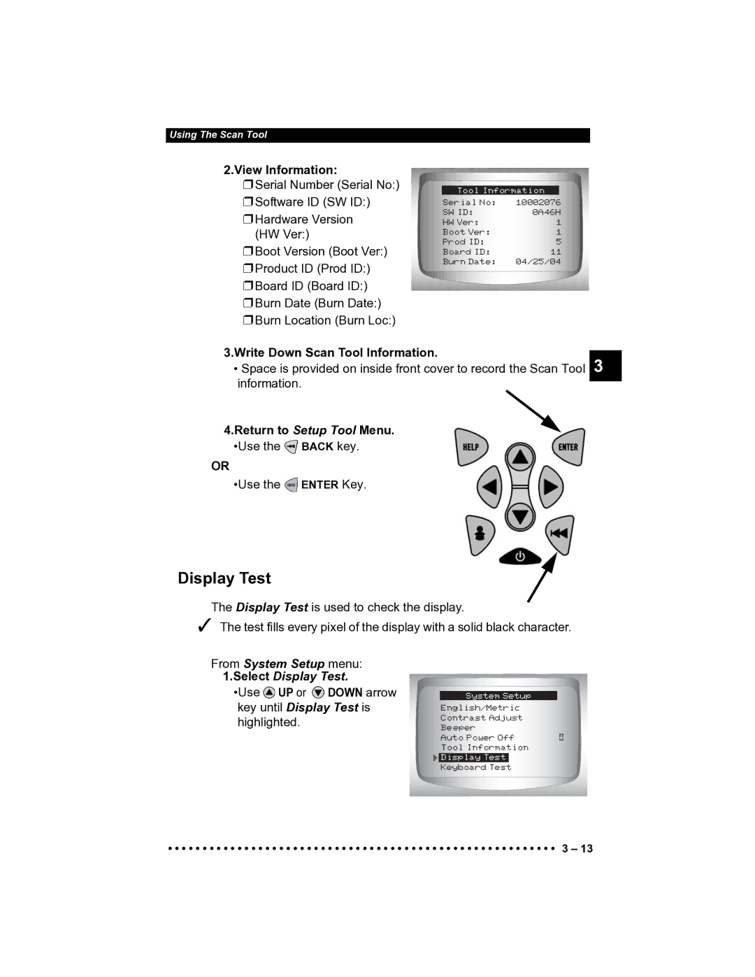 Actron CP9185 manual From System Setup menu Select Display Test 