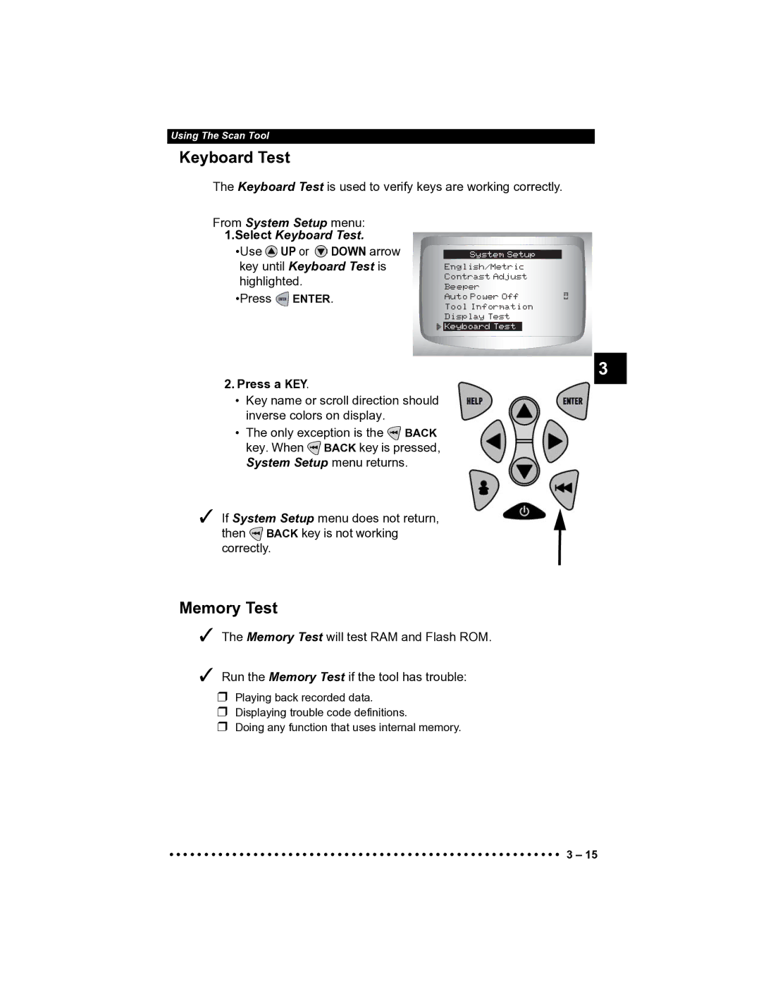 Actron CP9185 manual Memory Test, From System Setup menu Select Keyboard Test, Press a KEY 