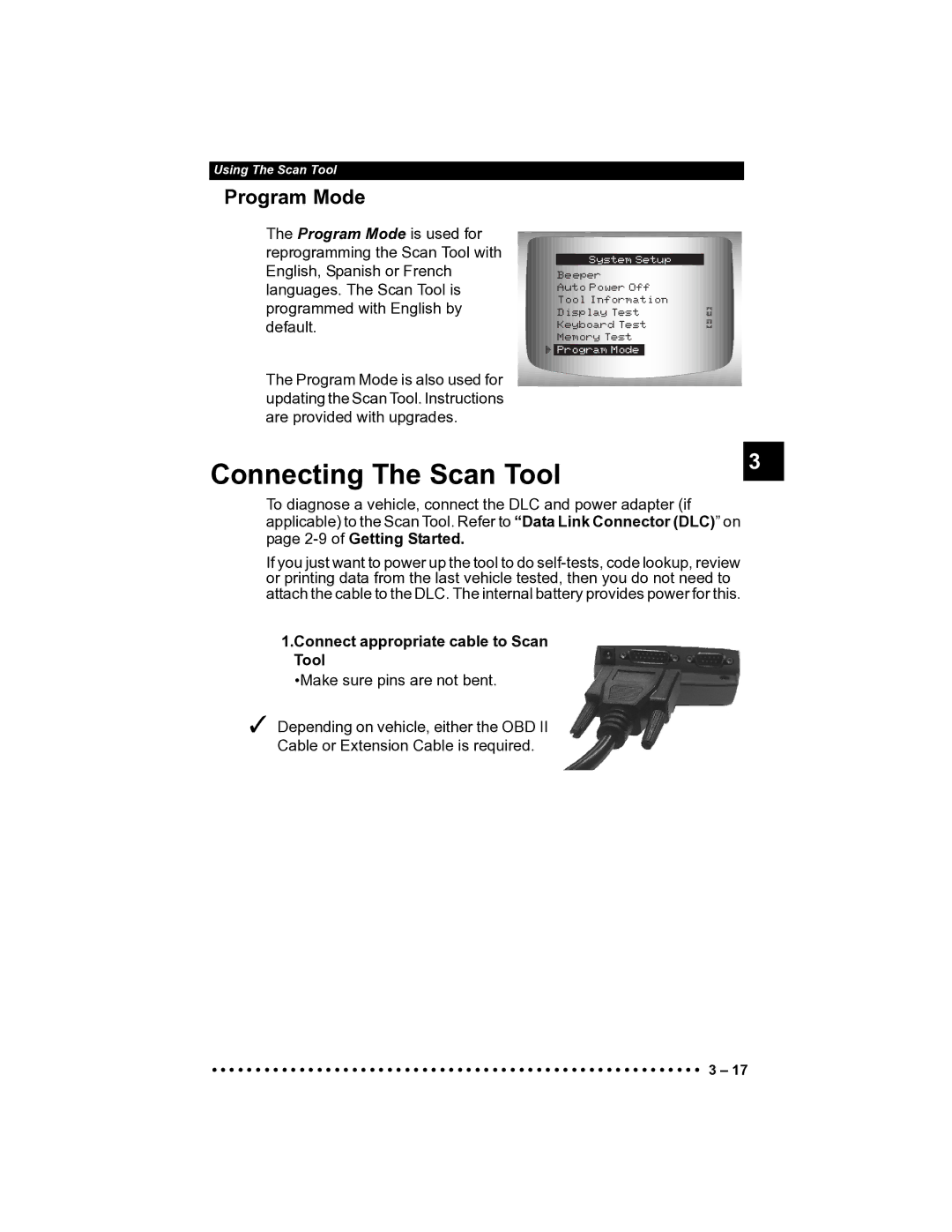 Actron CP9185 manual Connecting The Scan Tool, Program Mode, of Getting Started, Connect appropriate cable to Scan Tool 