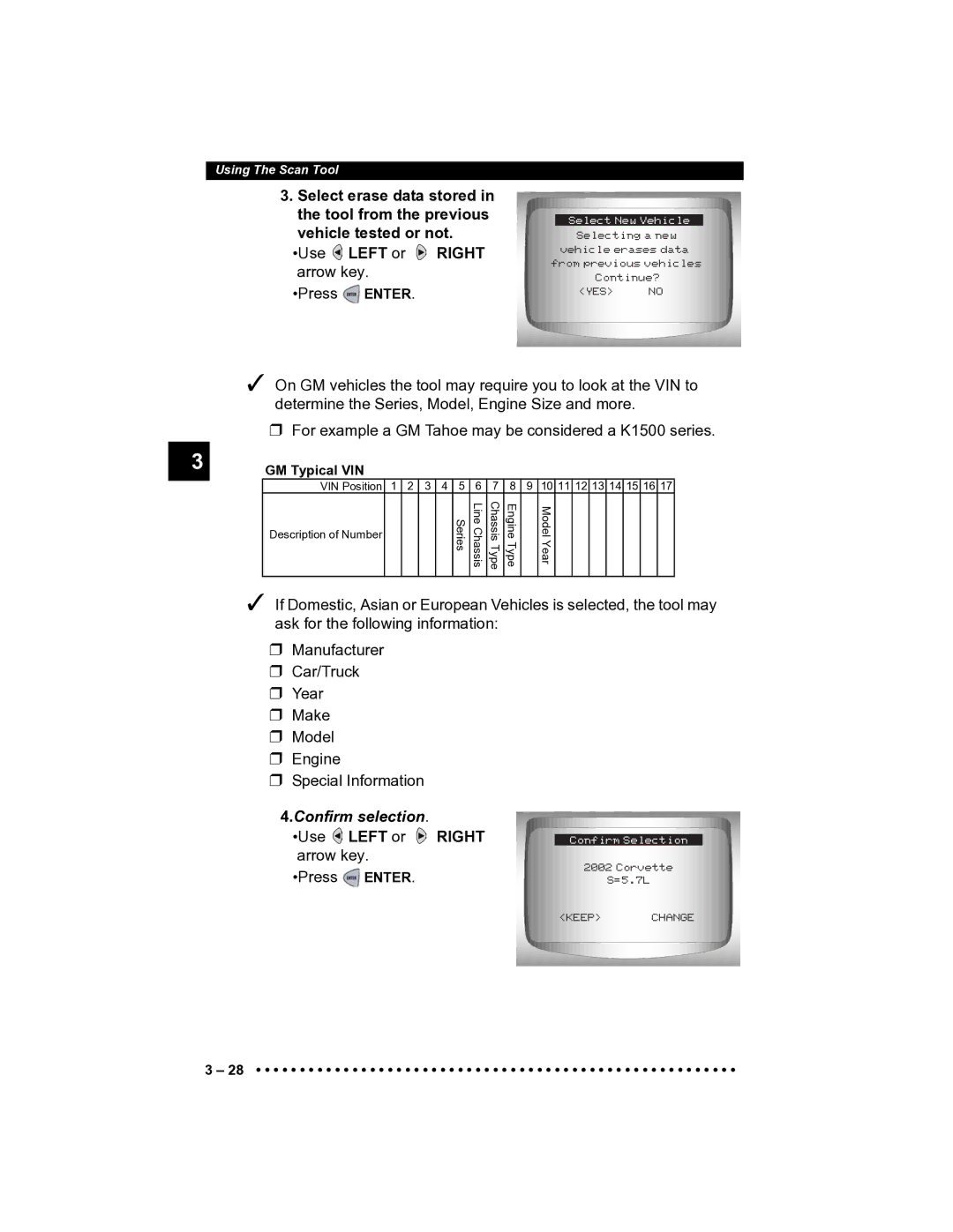 Actron CP9185 manual Confirm selection, Use Left or Right arrow key 