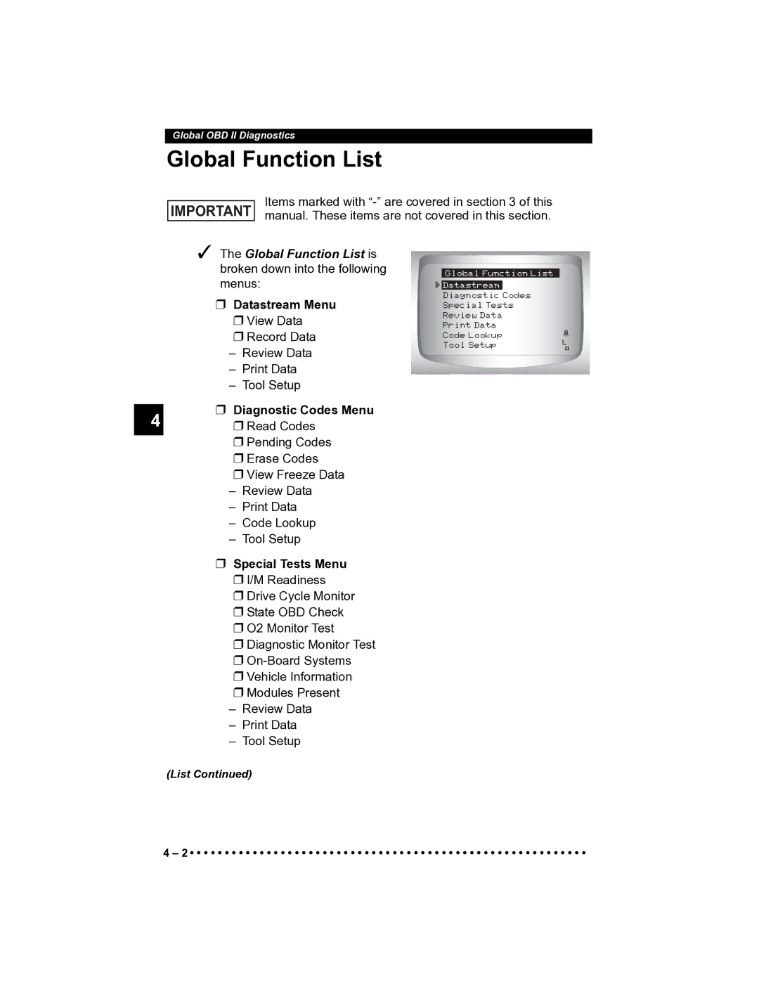 Actron CP9185 manual Global Function List is, Datastream Menu, Special Tests Menu 