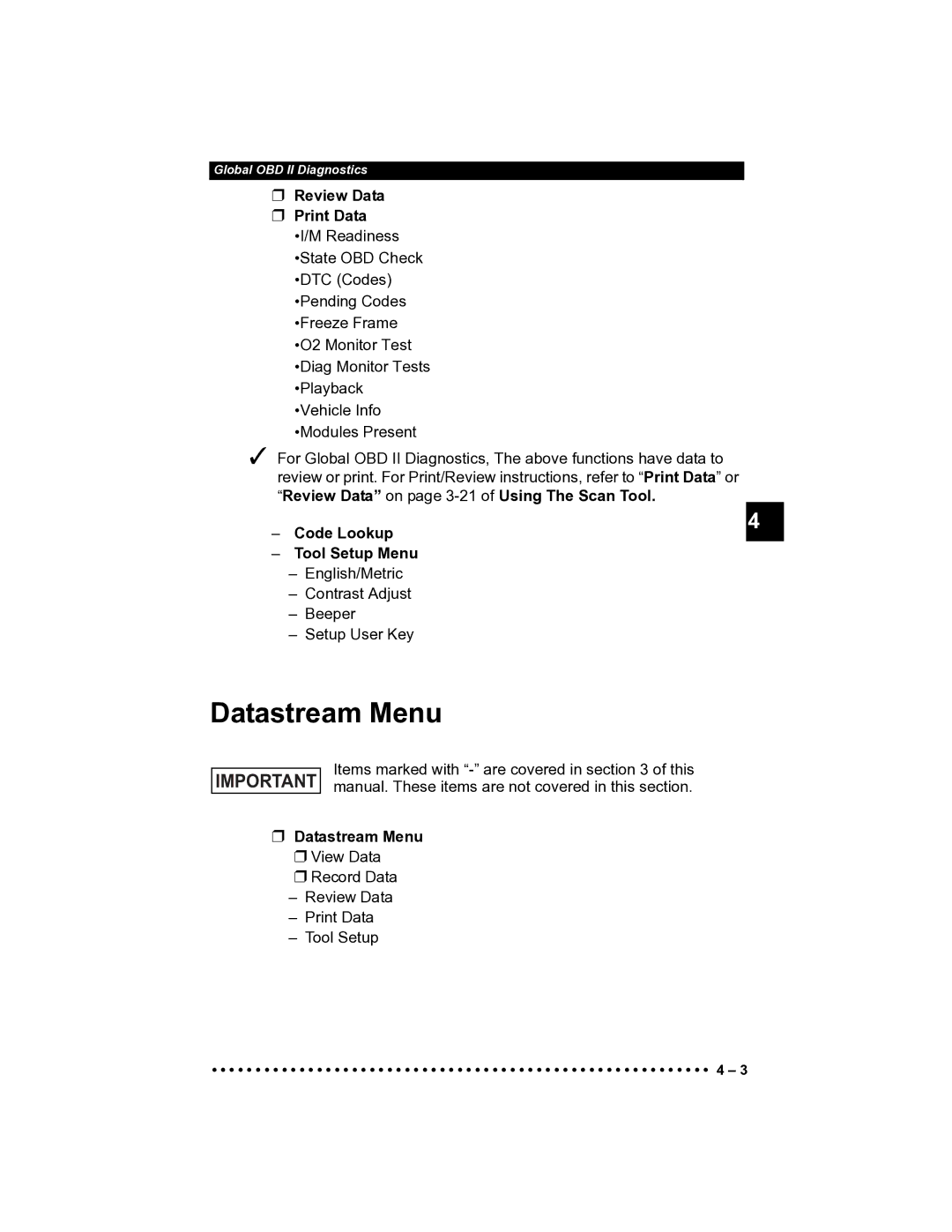 Actron CP9185 manual Datastream Menu, Code Lookup Tool Setup Menu 