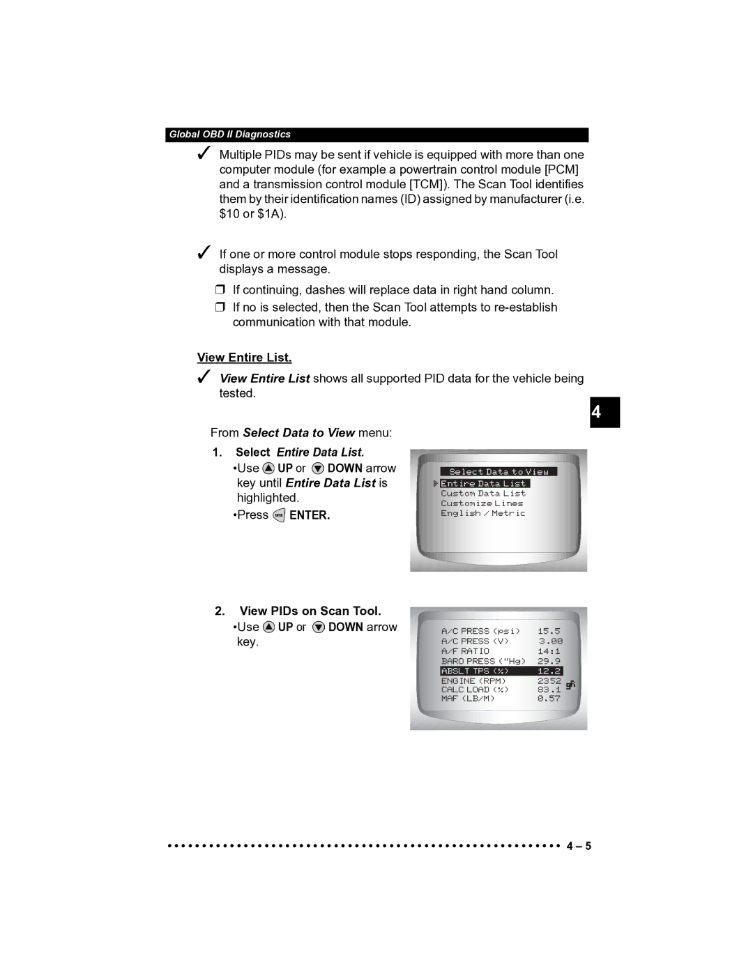 Actron CP9185 manual View Entire List, From Select Data to View menu Select Entire Data List 