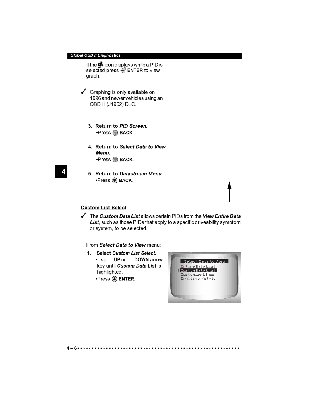 Actron CP9185 manual Return to PID Screen, Return to Select Data to View, Return to Datastream Menu 