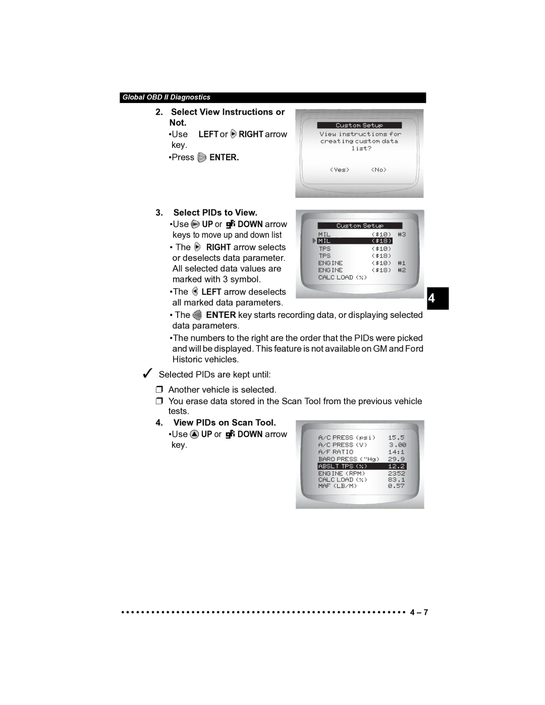 Actron CP9185 manual Select View Instructions or Not Use Left or Right arrow key, Select PIDs to View 